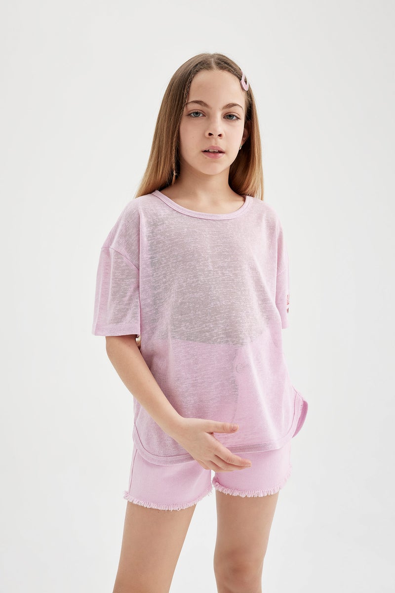 ديفاكتو تيشيرت نص كم بناتي اوفر سايز قصة عادية - Image 3